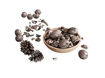 Wooden Bowl Filled With Nuts Scattered Walnuts Pine Cones And Nut Shells Around 3d model