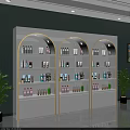 Perfume Cosmetics Display On White Arched Shelves With Gold Trim And Green Plants