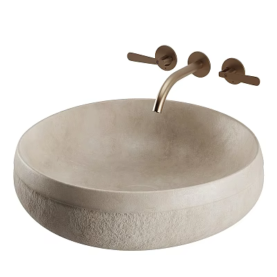 Round Light Colored Textured Stone Wash Basin With Golden Faucet And Double Handles 3d model