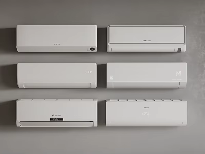 Various Styles Of Air Conditioners Displayed On Wall 3d model