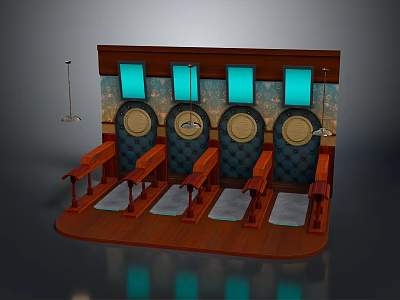 Commercial Equipment With Wooden Platform Multiple Seats Blue Panels Circular Dials And Hanging Lamps 3d model