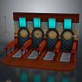 Commercial Equipment With Wooden Platform Multiple Seats Blue Panels Circular Dials And Hanging Lamps