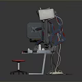 Modern Workstation Setup With Multiple Screens Curved Tabletop Red Stool And Equipment 3d model