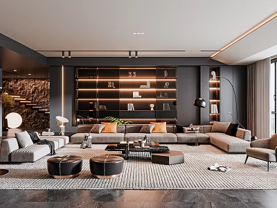 Modern Living Room Interior Design With L Shaped Sofa Bookshelf Wall And Floor Lamp Rug 3d model