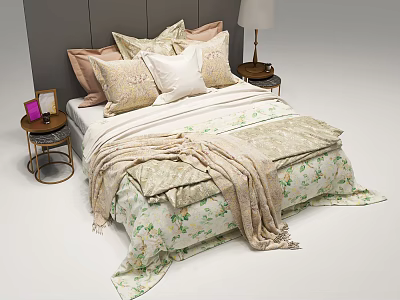 Elegant Double Bed With Floral Bedspread Multiple Pillows And Nightstands With Lamp 3d model