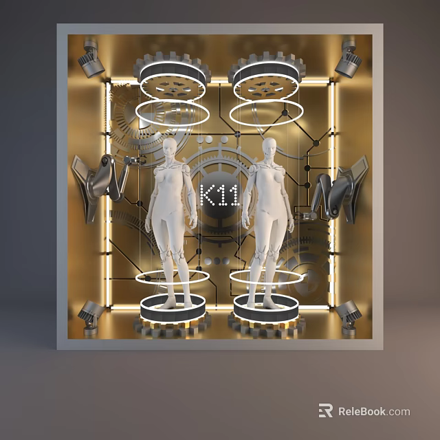 K11 Store Window Display With White Mannequins Golden Frame Gear Decorations And Circular Lights 3d model 