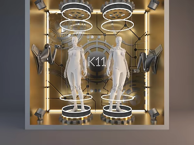 K11 Store Window Display With White Mannequins Golden Frame Gear Decorations And Circular Lights 3d model