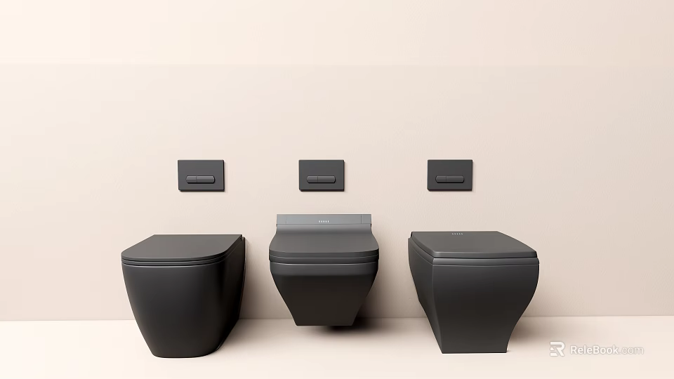 Three Black Wall Mounted Toilets With Control Panels In Modern Design 3d model