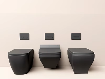 Three Black Wall Mounted Toilets With Control Panels In Modern Design 3d model