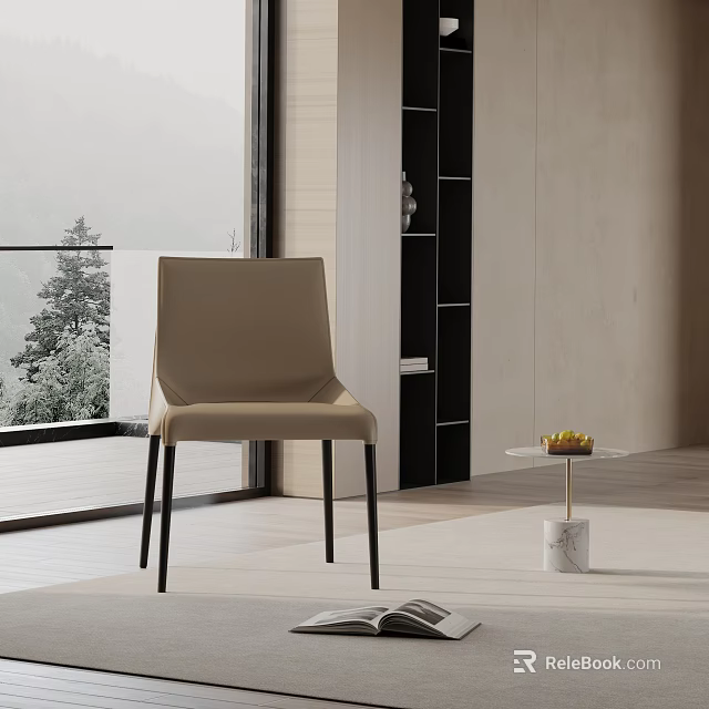 Sleek Beige Dining Chair in Modern Interior with Black Legs Floor-to-Ceiling Window and Natural View 3d model 