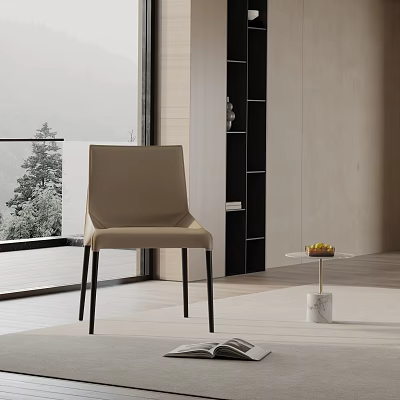 Sleek Beige Dining Chair in Modern Interior with Black Legs Floor-to-Ceiling Window and Natural View 3d model