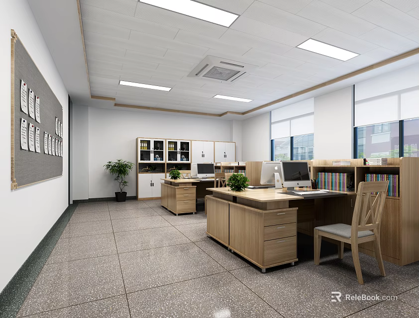 Modern Office Interior With Wooden Desks Computers Bookshelves Plants And Large Windows 3d model 