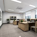 Modern Office Interior With Wooden Desks Computers Bookshelves Plants And Large Windows