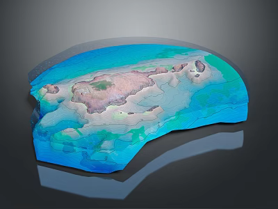 Stone And Wood Elements In 3D Terrain Model With Blue Water And Land Features 3d model