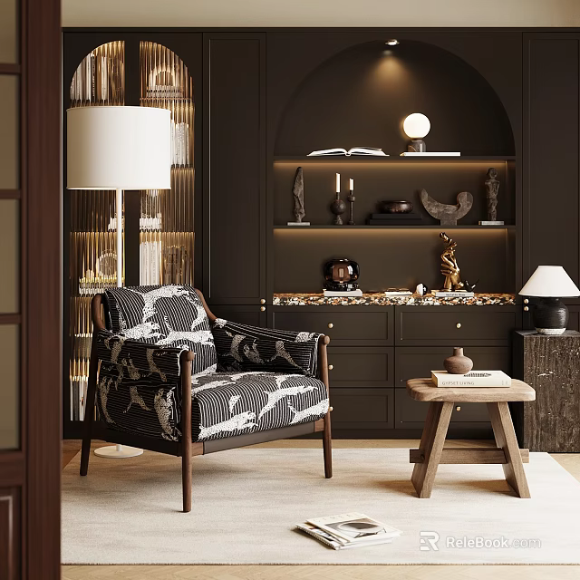 Elegant Dark Study Room Interior With Bookshelves Decorative Sculptures And Patterned Armchair 3d model 