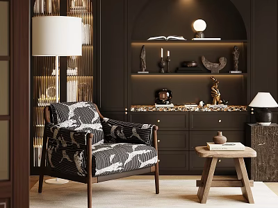 Elegant Dark Study Room Interior With Bookshelves Decorative Sculptures And Patterned Armchair 3d model