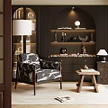 Elegant Dark Study Room Interior With Bookshelves Decorative Sculptures And Patterned Armchair