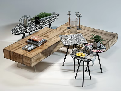Stylish Wooden Coffee Tables Combination Set With Metal Legs Books And Potted Plant 3d model