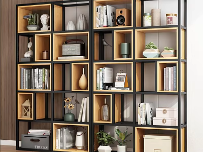 Modern Multi Grid Bookshelf With Wooden Metal Frame Storing Books Decor And Plants 3d model