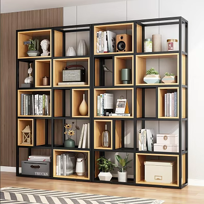 Modern Multi Grid Bookshelf With Wooden Metal Frame Storing Books Decor And Plants 3d model