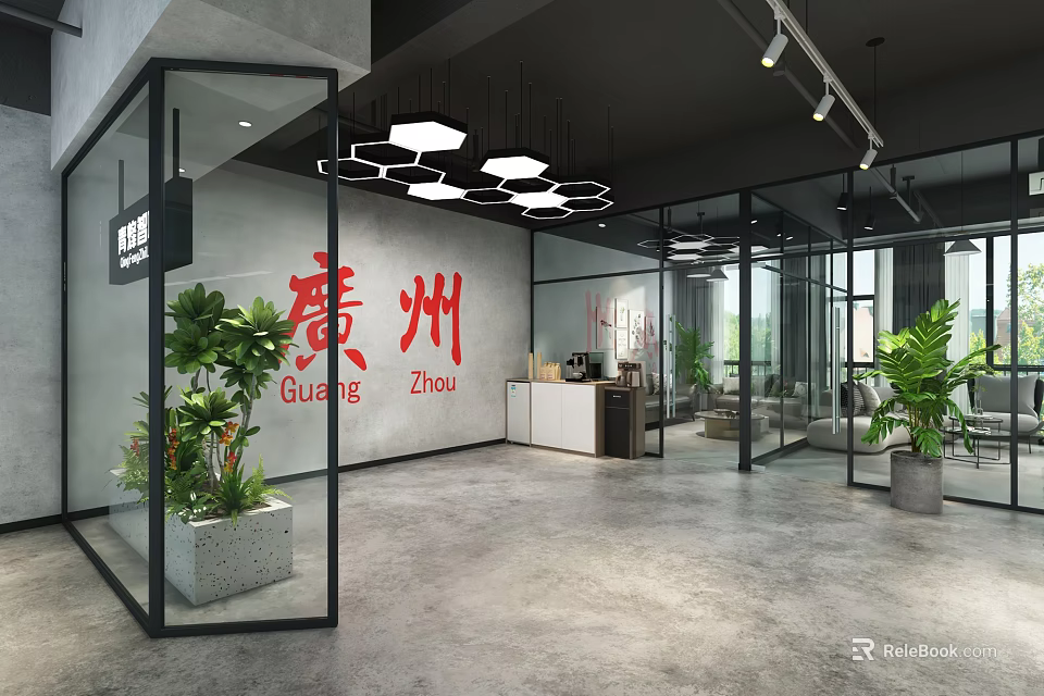 Modern Office Interior With Open Space Glass Partitions Green Plants Guangzhou Characters And Pendant Lights 3d model 
