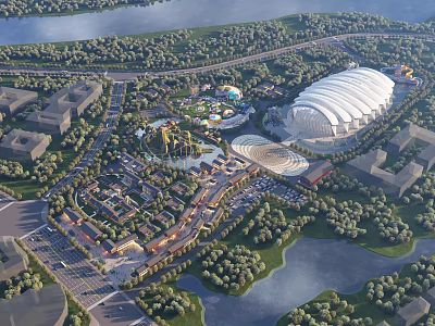 Park Landscape Aerial View With Green Spaces Trees Water Area And Dome Building 3d model