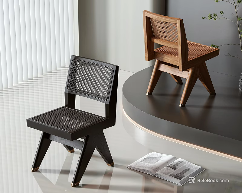 Modern Single Chair With Woven Seat And Wooden Frame In Black Brown 3d model 