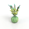 Indoor Decorative Plant with Green and Yellow Leaves in Green Pumpkin Shaped Vase