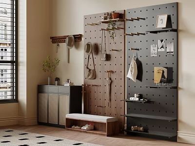 Modern Shoe Cabinet with Pegboard Wall Bench Storage Shelves and Decorative Plants 3d model