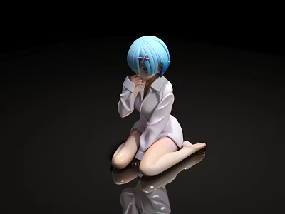 Anime Blue Hair Doll In White Outfit Kneeling On Black Reflective Surface With Black Background 3d model