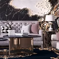 Luxury Gray Sofa and Round Coffee Table Set with Pink Pillows Metal Frame and Marble Wall Art