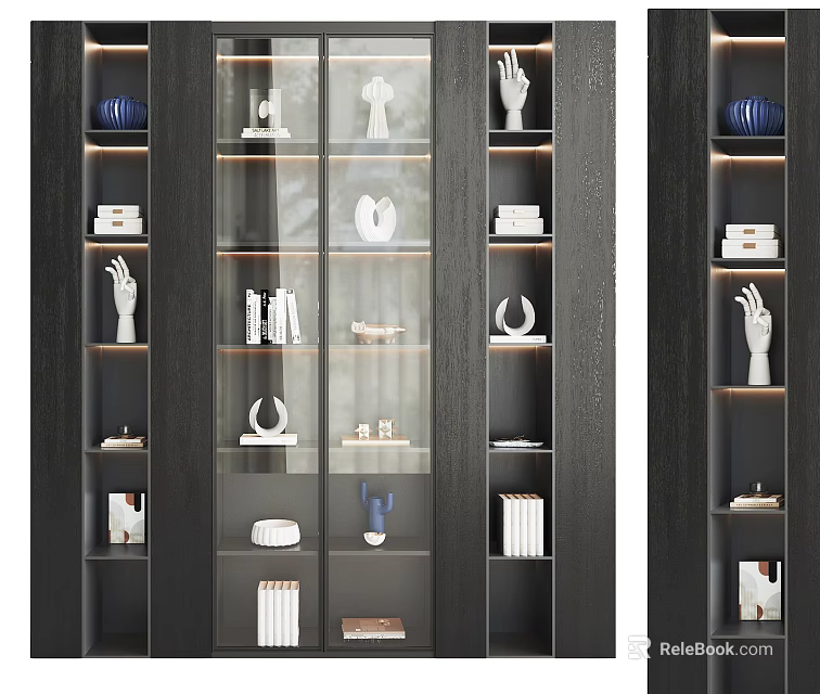 Elegant Modern Display Cabinet With Glass Doors Wooden Frame And Decorative Items Inside 3d model 