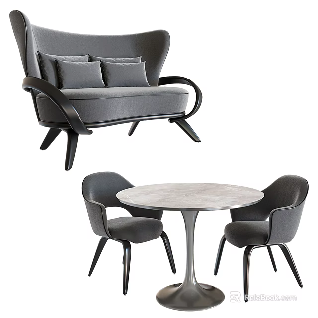 Modern Round Dining Table Set With Two Gray Chairs And Sleek Design 3d model