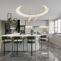 Modern Restaurant Kitchen Interior With White Cabinets Marble Island Green Plants And Pendant Lights