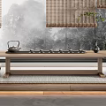 Tea Table And Chairs With Bamboo Blinds Misty Mountain View Potted Plant And Tea Set