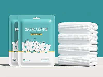 Travel Double Four Piece White Towel Set Soft Portable Pack for Trip Use 3d model