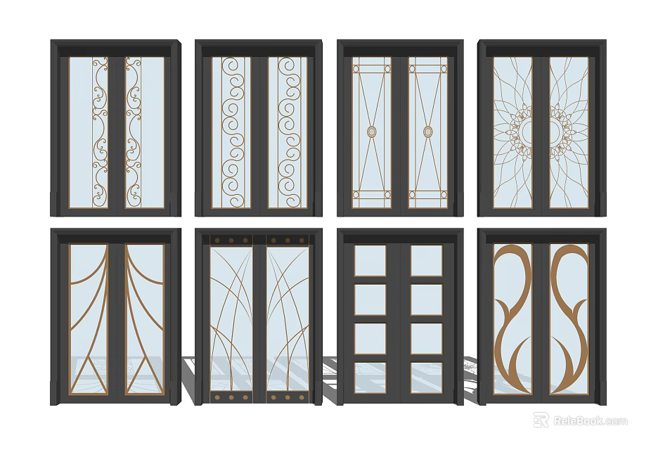 Sliding Doors with Various Decorative Glass Patterns and Black Frames for Modern Home Interior Design 3d model