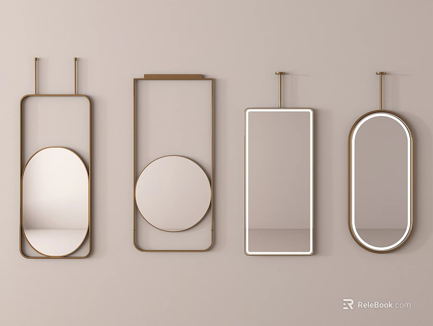 Various Shaped Mirrors with Gold White Frames Hanging on Beige Wall 3d model 
