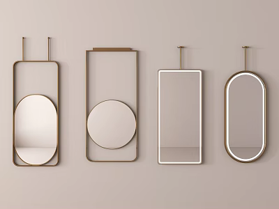 Various Shaped Mirrors with Gold White Frames Hanging on Beige Wall 3d model