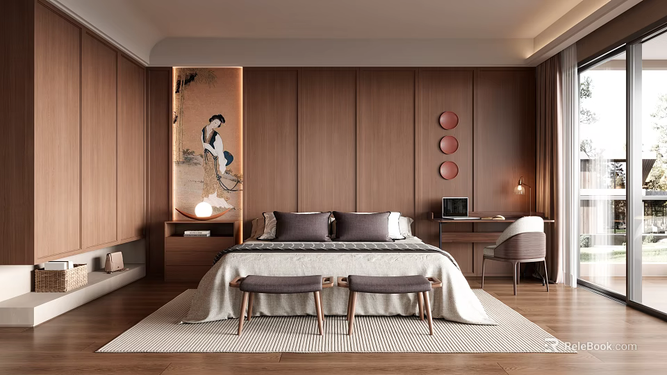 Elegant Bedroom Interior With Wooden Panel Backdrop Bedside Painting Circular Decor Desk And Chair 3d model 