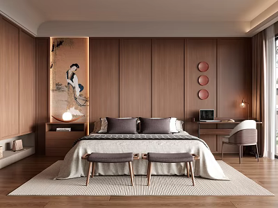 Elegant Bedroom Interior With Wooden Panel Backdrop Bedside Painting Circular Decor Desk And Chair 3d model