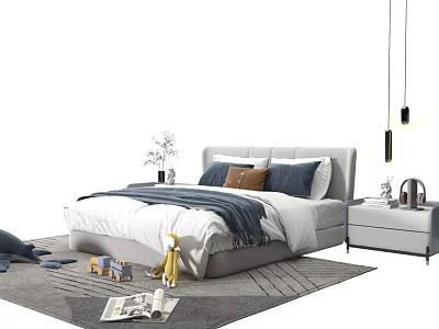 Modern Double Bed With Soft Bedding Pillows Blanket And Stylish Nightstand 3d model