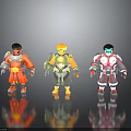 Three Armored Scifi Character Models With Red Yellow White Designs Standing On Reflective Surface