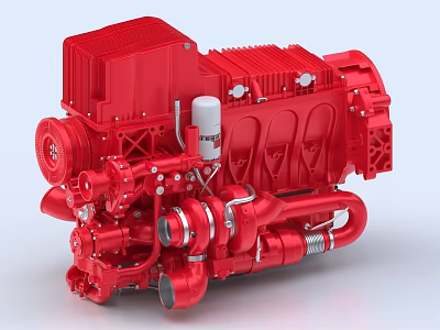 Red Industrial Engine Detailed Mechanical Structure With Pipes And Metal Components 3d model