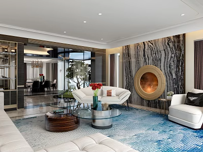 Modern Open Concept Living And Dining Area Interior With Sofa Rug Fireplace And Marble Wall 3d model