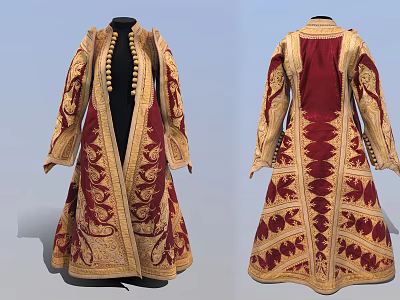 Traditional Luxurious Red And Gold Robe With Intricate Embroidery Detailed Patterns Front Back Views 3d model