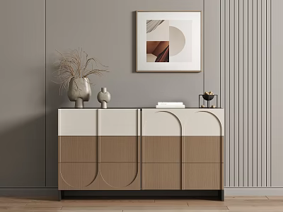 Modern Entryway Console Cabinet With Curved Design Neutral Tones And Wall Art 3d model