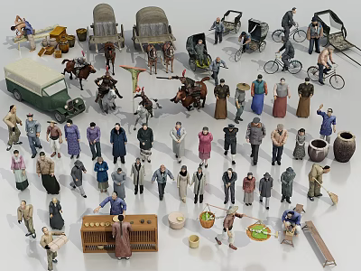 Multiple People Figurines With Vintage Vehicles Daily Items And Historical Costumes 3d model
