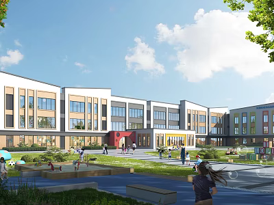 Modern School Building With Spacious Courtyard Green Lawn Large Windows And Students Playing 3d model