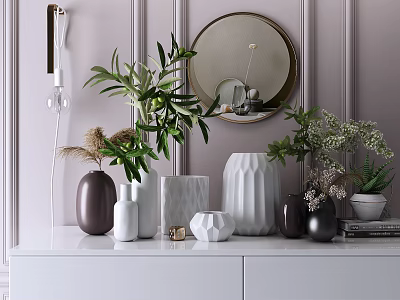 Stylish Decorative Ornaments Set With Vases Green Plants Round Mirror And White Cabinet 3d model